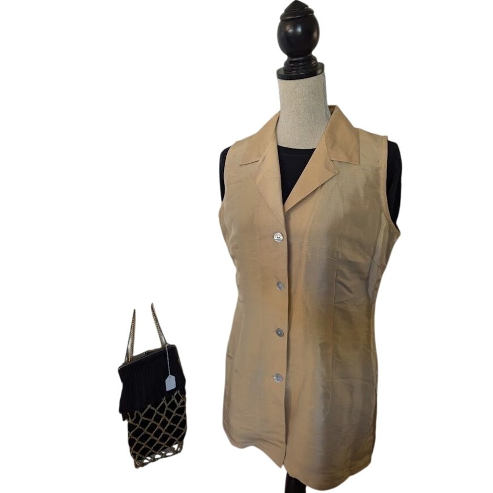 Classic Beige Sleeveless Button-Down Vest Professional Wear‎ Sz 10 100% Silk